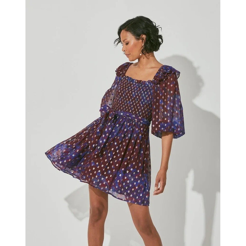 Cleobella‎ Elizabeth Dress Small Purple Blue Metallic Gold Dots Smocked Ruffle